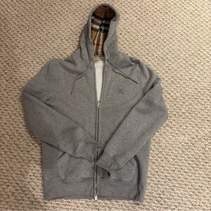 Burberry  Gray Fleece Cotton Full Zip Hoodie Logo Size M